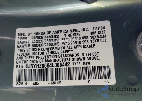 2004 Honda Element Ex from USA, damaged, VIN 5J6YH28584L006442